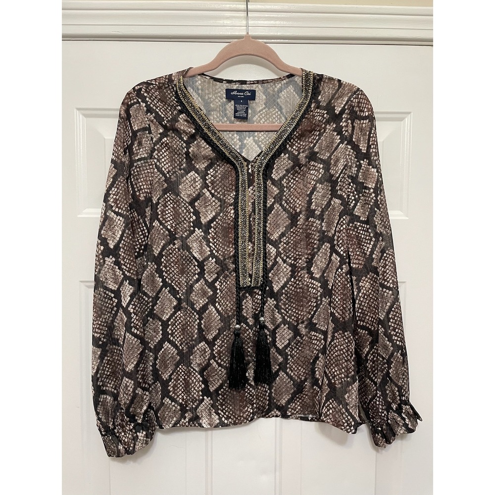 Anna Cai New York Snake Print Blouse Brown Tan Beaded V-Neck Tassel Top Small